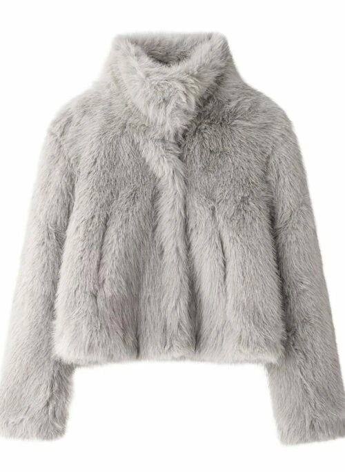 Grey Faux Fur Collared Jacket | Nayeon –  TWICE