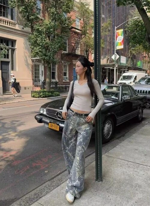 Grey Full-Print Camouflage Baggy Pants | Jennie – BlackPink