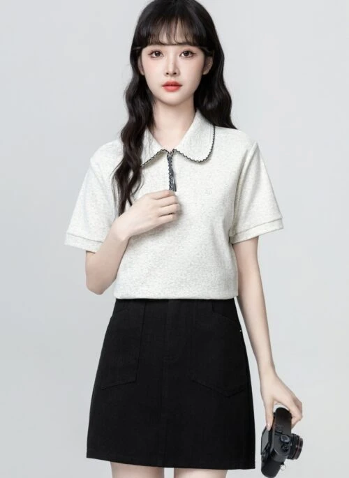 Heather Polo Collar Half Zip Short Sleeve Top