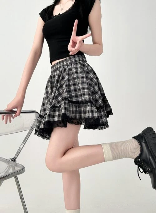 High Waist Asymmetrical Plaid Lace Skirt