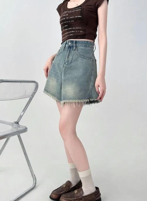 High Waist Frayed Denim Shorts