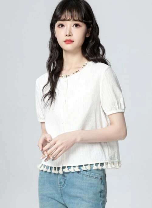 Ivory French Style Tassel Short Sleeve Blouse
