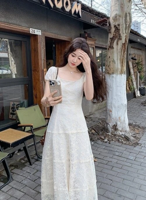 Ivory Lace Embroidered Puff Sleeve Maxi Dress