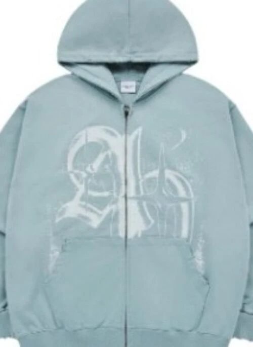 JEONGHAN x acme de la vie - Vintage Symbol Destroyed Washing Zip Up Hoodie | Dark Mint