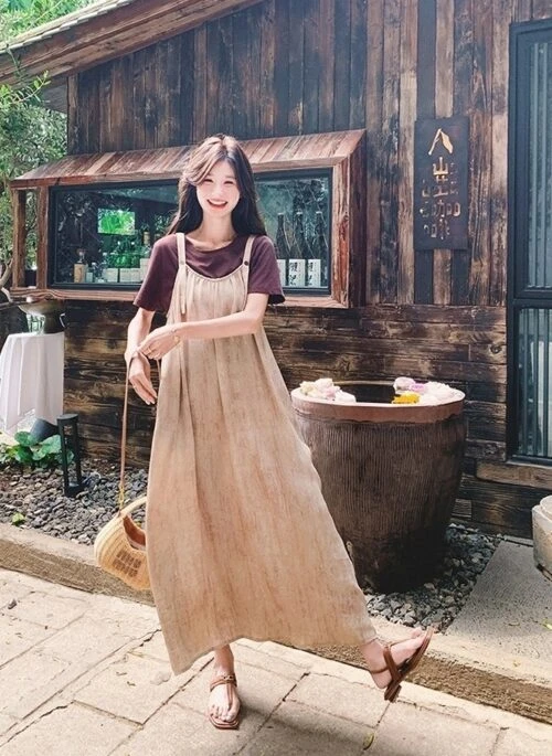 Khaki Suspender Dress And Casual T Shirt Set