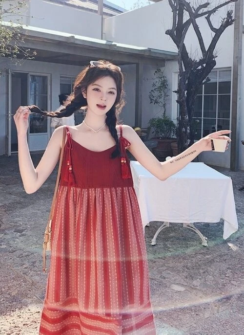 Knit Fringe Strap Loose Aline Dress