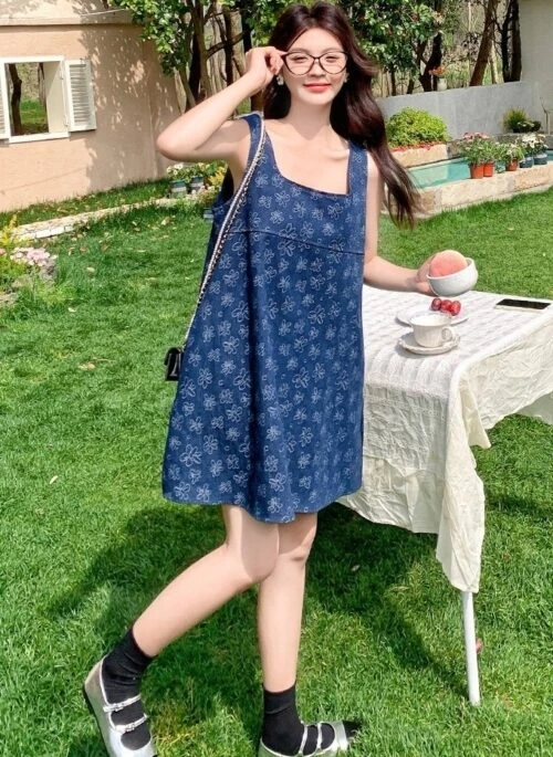 Korean Denim Lace Dress Summer Fashion
