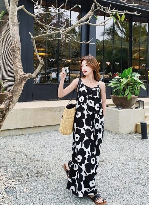 Korean Style Floral Print Lightweight Wide Leg Jumpsuit