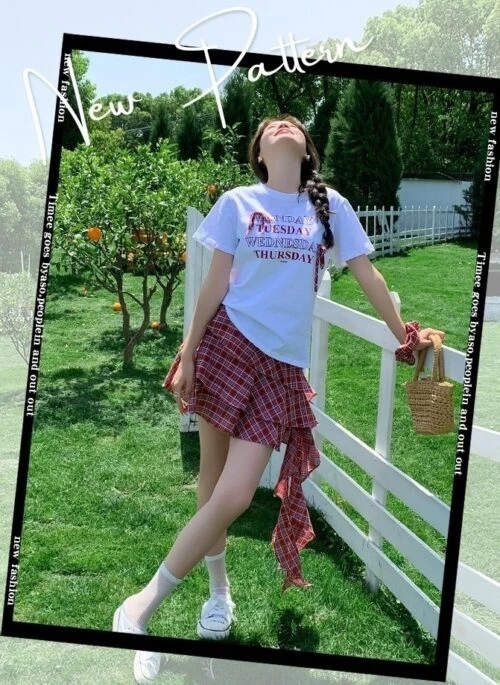 Korean Style Fresh Letter Print Top Plaid Skirt Set