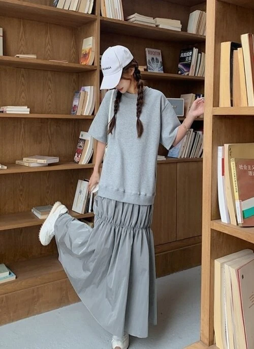 Korean Style Patchwork Loose Fit T Shirt Maxi Dress