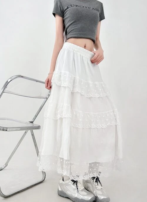 Lace Crochet Layered A Line Maxi Skirt