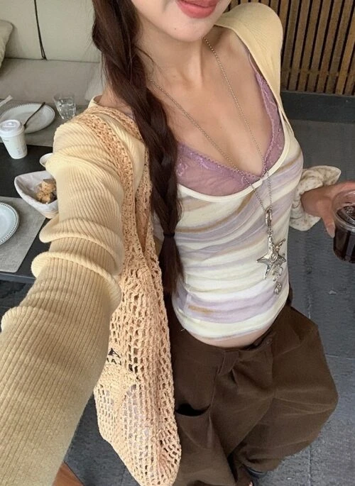 Lace Striped Purple Sleeveless Tank Top