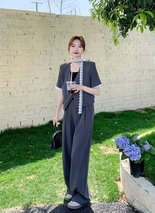 Lace Trim Blazer Set With Wideleg Pants