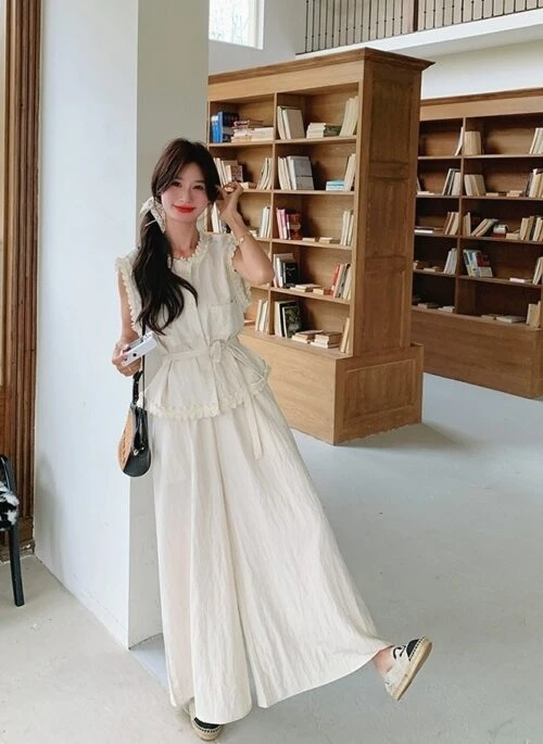 Lace Trim Vest And Wide Leg Pants Set