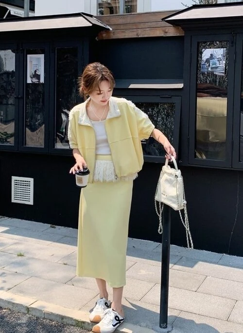 Lace Trim Yellow Sweatshirt And Skirt Set