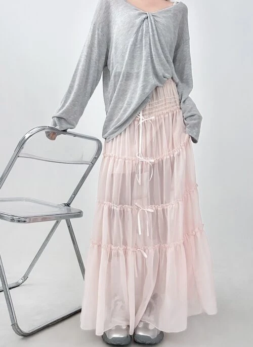 Lace Up Bow Tiered Flowy Midi Skirt