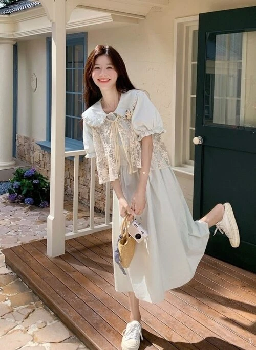 Lace Vest Doll Collar Long Dress Set