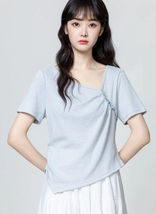 Light Blue Asymmetrical Ruched Tee
