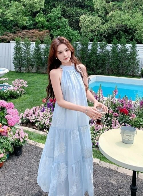 Light Blue Embroidered Halter Neck Beach Maxi Dress