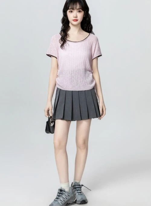 Lilac Knit Short Sleeve Drawstring Waist Top