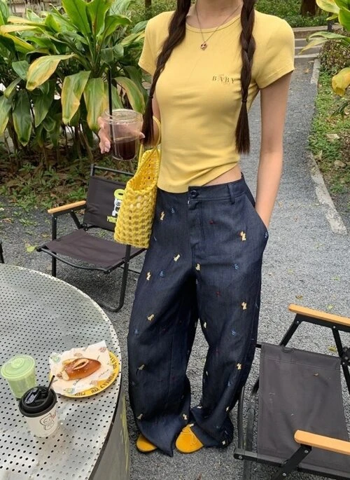 Loose High Waisted Blue Casual Wide Leg Pants