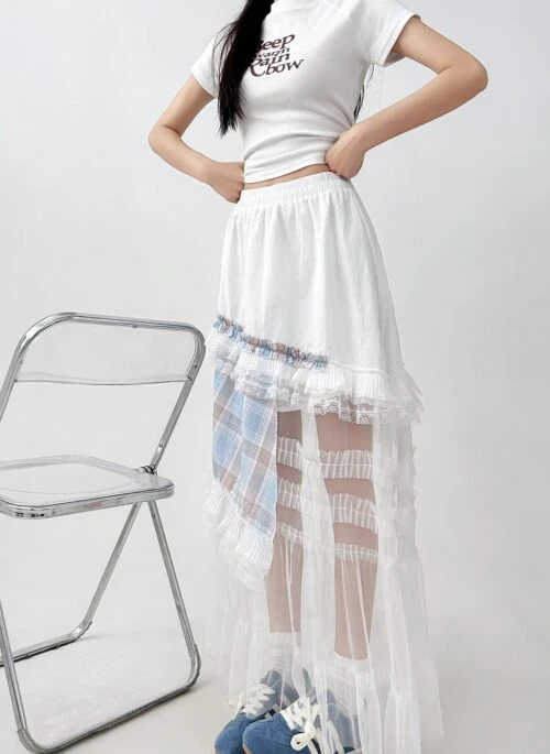 Mesh Plaid High Waist Irregular Midi Skirt
