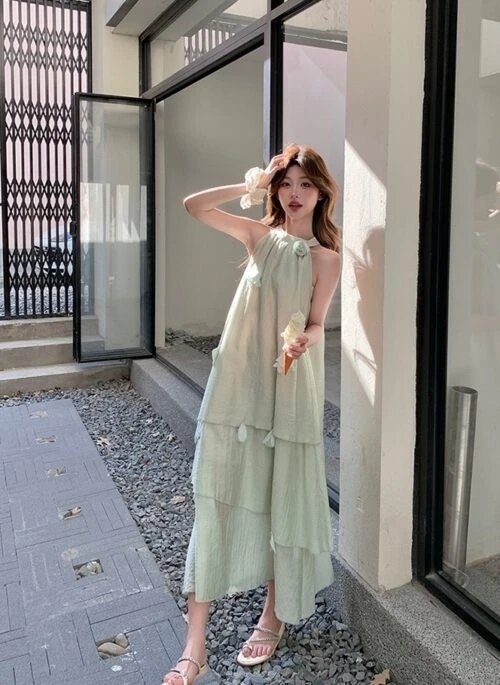 Mint Floral Halter Neck Layered Dress