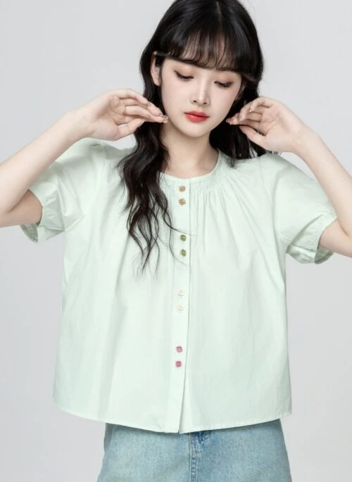 Mint Green Puff Sleeve Short Shirt Blouse