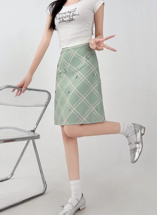 Mint Plaid High Waist Slim Fit A Line Skirt