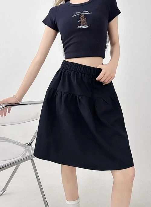 Navy Blue High Waist A Line Midi Skirt