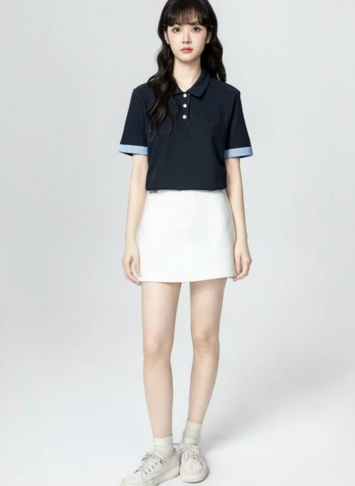 Navy Blue Polo Collar Short Sleeve Summer Top