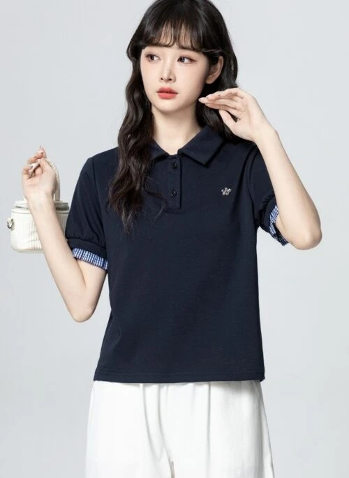 Navy Blue Polo Collar Short Sleeve Top