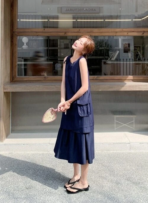 Navy Loose Fit Denim Vest Dress Set