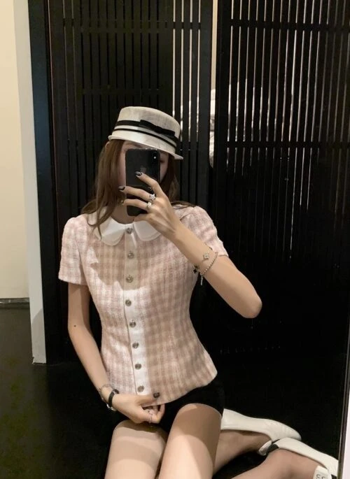 Pink Checkered Button-Up Tweed Top | Jennie – BlackPink