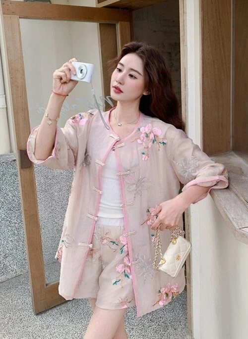 Pink Embroidered Modern Chinese Style Shorts Set