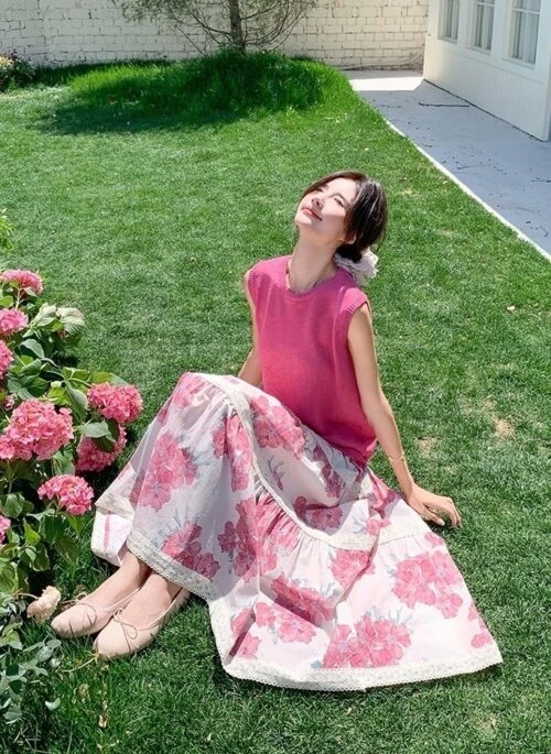Pink Floral Colorblock Short Sleeve Skirt Set