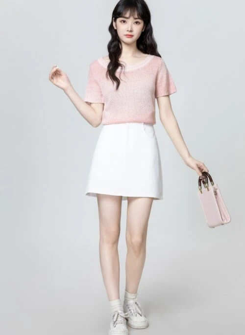 Pink Gradient Knit Short Sleeve Summer Top