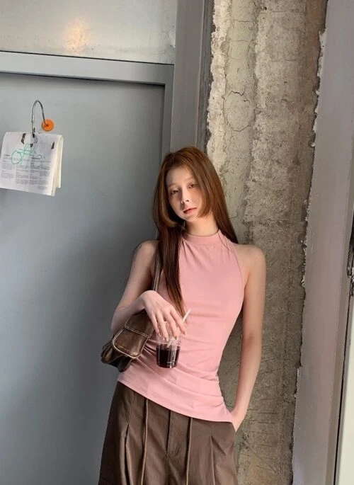 Pink Halter Neck Sleeveless Fashion Tank Top