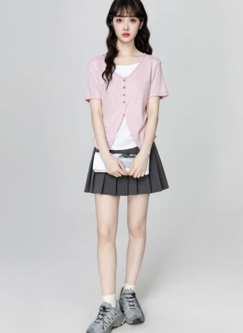 Pink Layered Design Slim Fit Short Sleeve Top