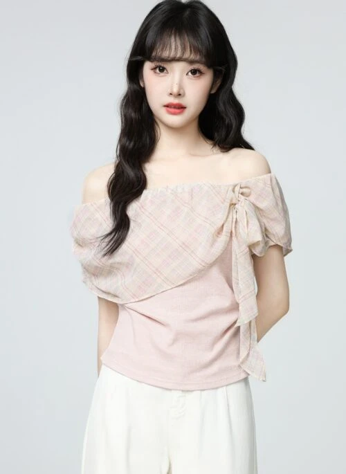Pink Off Shoulder Short Sleeve Bow Tie Top