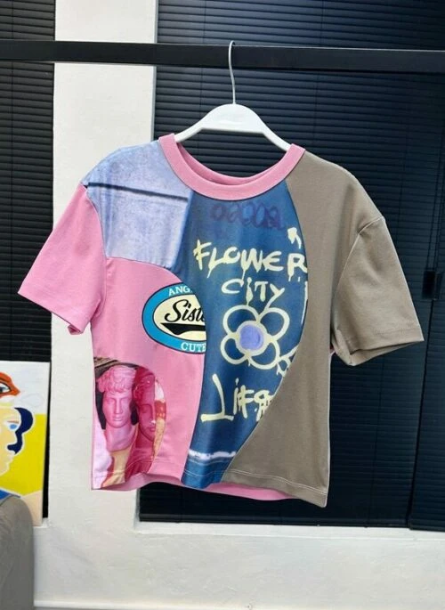 Pink Patchwork Cropped T-Shirt | Harvey – XG