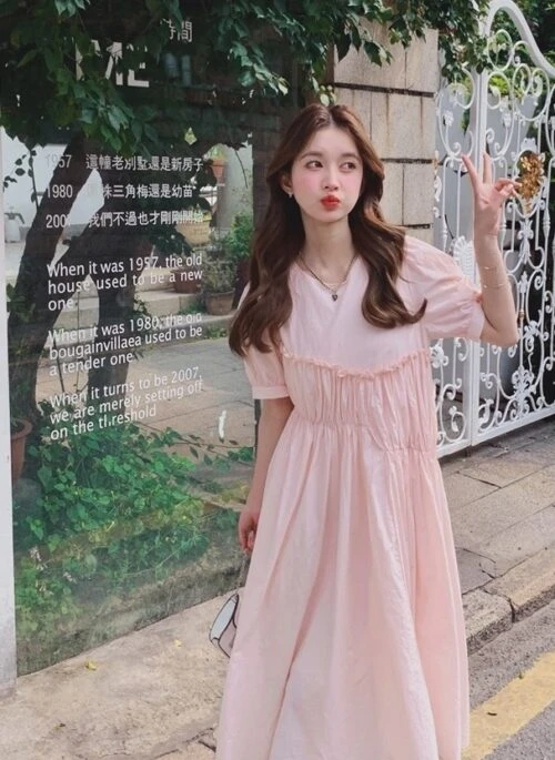 Pink Patchwork Puff Sleeve Flowy Maxi Dress