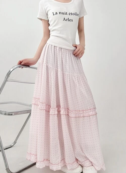 Pink Polka Dot Ruffled A Line Skirt