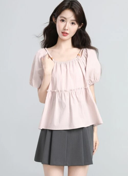 Pink Puff Sleeve Square Neck Casual Shirt
