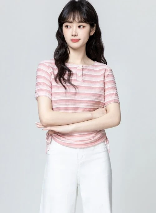 Pink Striped Ruched Short Sleeve Top