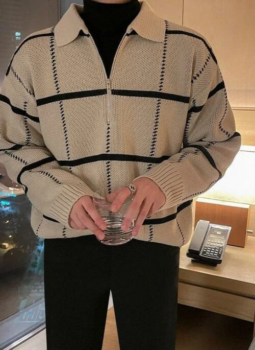 Plaid Collar Knit Pullover Sweater