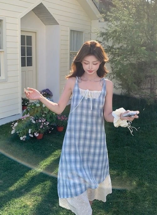 Plaid Embroidered Layered Casual Summer Dress