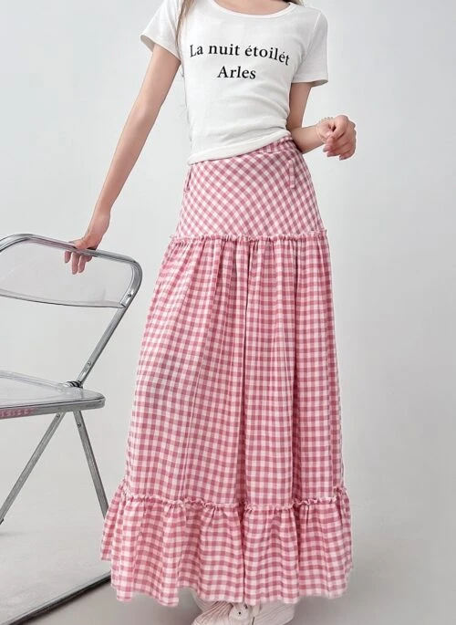 Plaid High Waist Ruffle Tiered Midi Skirt