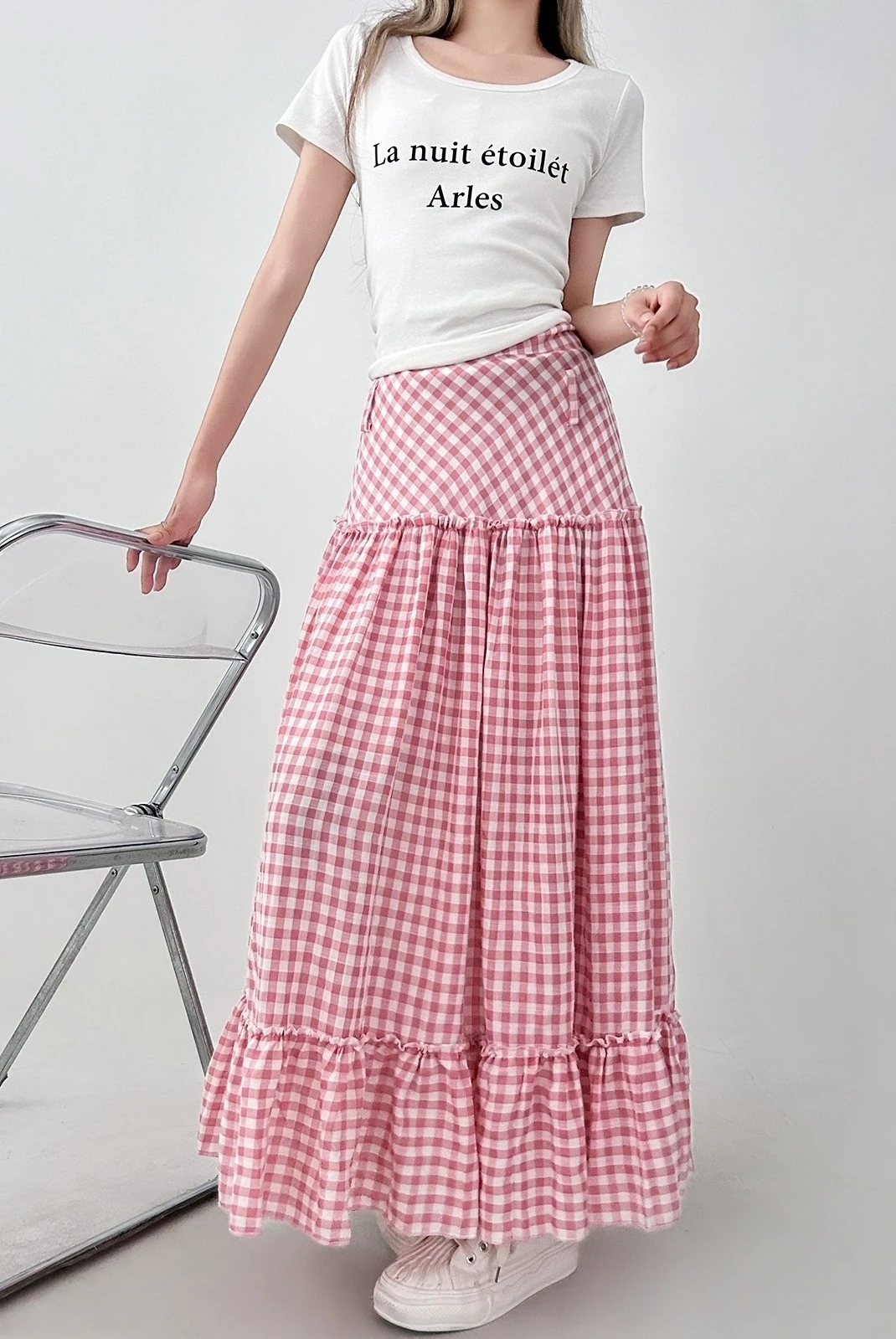 Windowpane Checked Volume Skirt