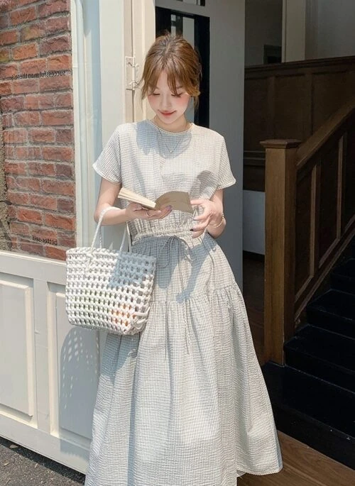 Plaid Patchwork Waist Dress Summer Fashion Style